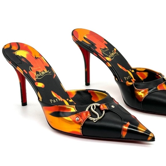 Christian Louboutin CL IN 90s MULE 80 Fire Leather Sandals Heels Shoes - Picture 6 of 11